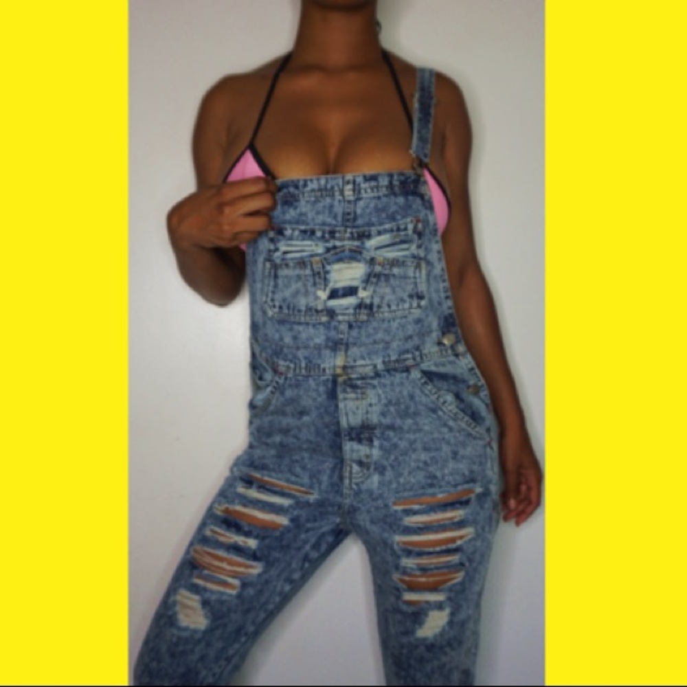 Acid wash denim overalls